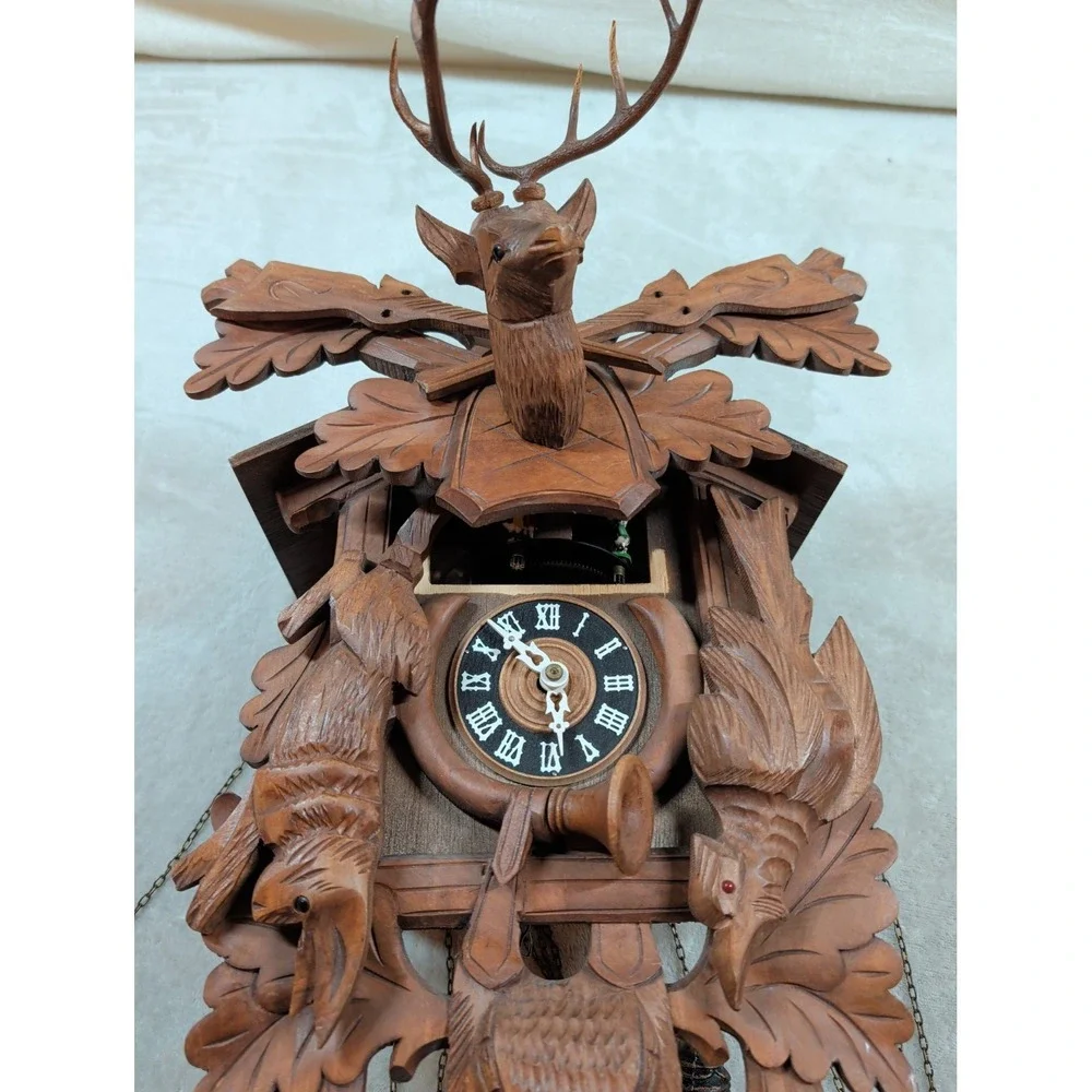 Vintage Cuendet Swiss Musical Cuckoo Clock Hand Carved Wood Stag Hunter Scene